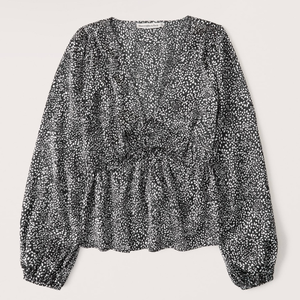 Abercrombie & Fitch Black and White Printed Long-Sleeve Peplum Blouse